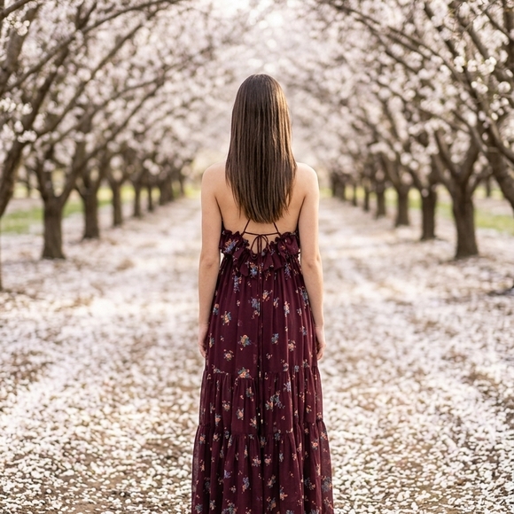 Free People Garden Party Maxi Dress Burgundy Floral Smocked Ruffle S - Picture 2 of 8